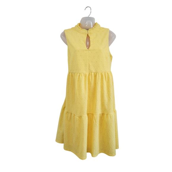 Stella & Julie Eyelet Floral Tiered Dress Keyhole Neck Knee Length Yellow Sz 10 - Picture 1 of 10